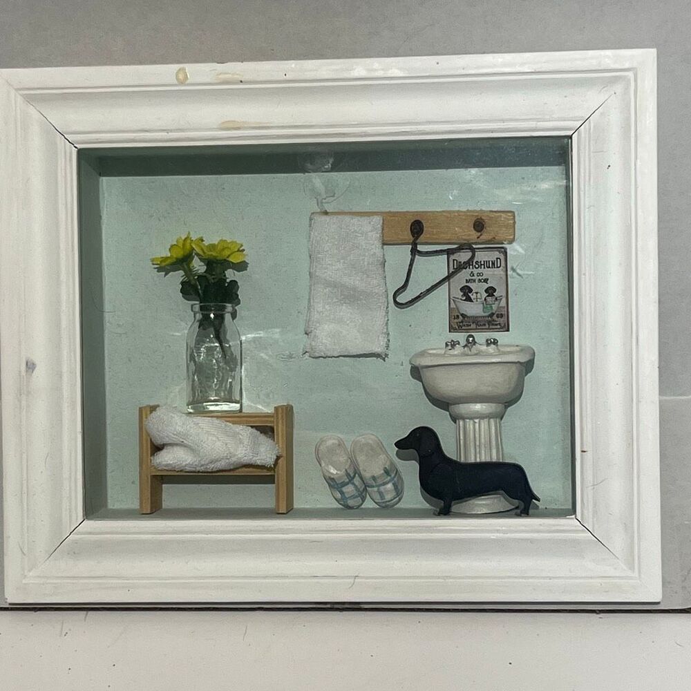 Miniature Bathroom Shadow Box Display with Dachshund Figurine and Vintage Decor